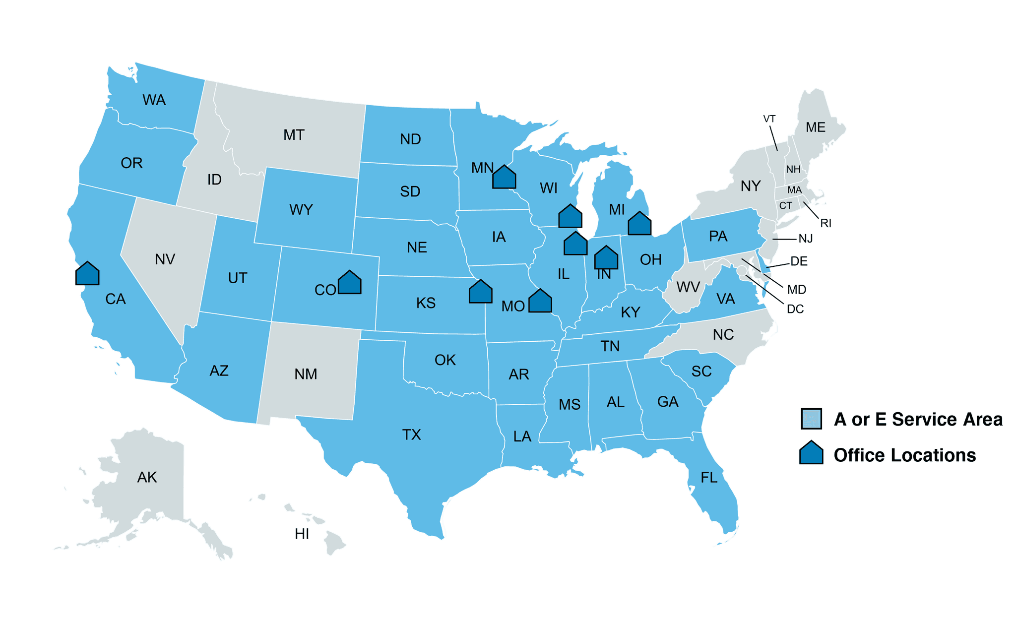 BEC Office Locations and Service Area Map